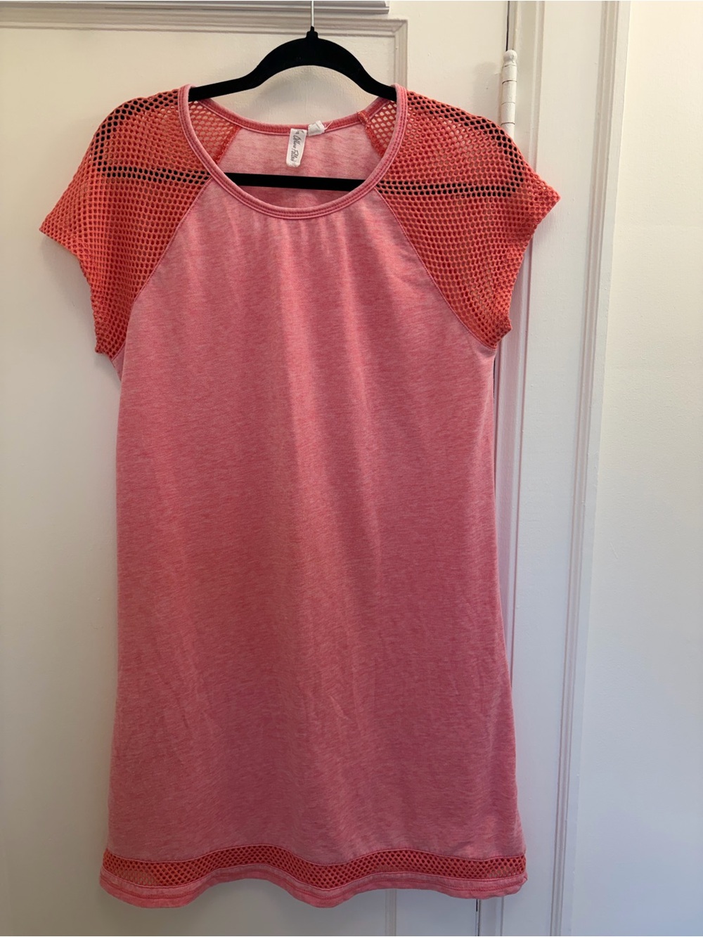 Others Follow Coral Pink Mesh-Panel Casual Mini Dress